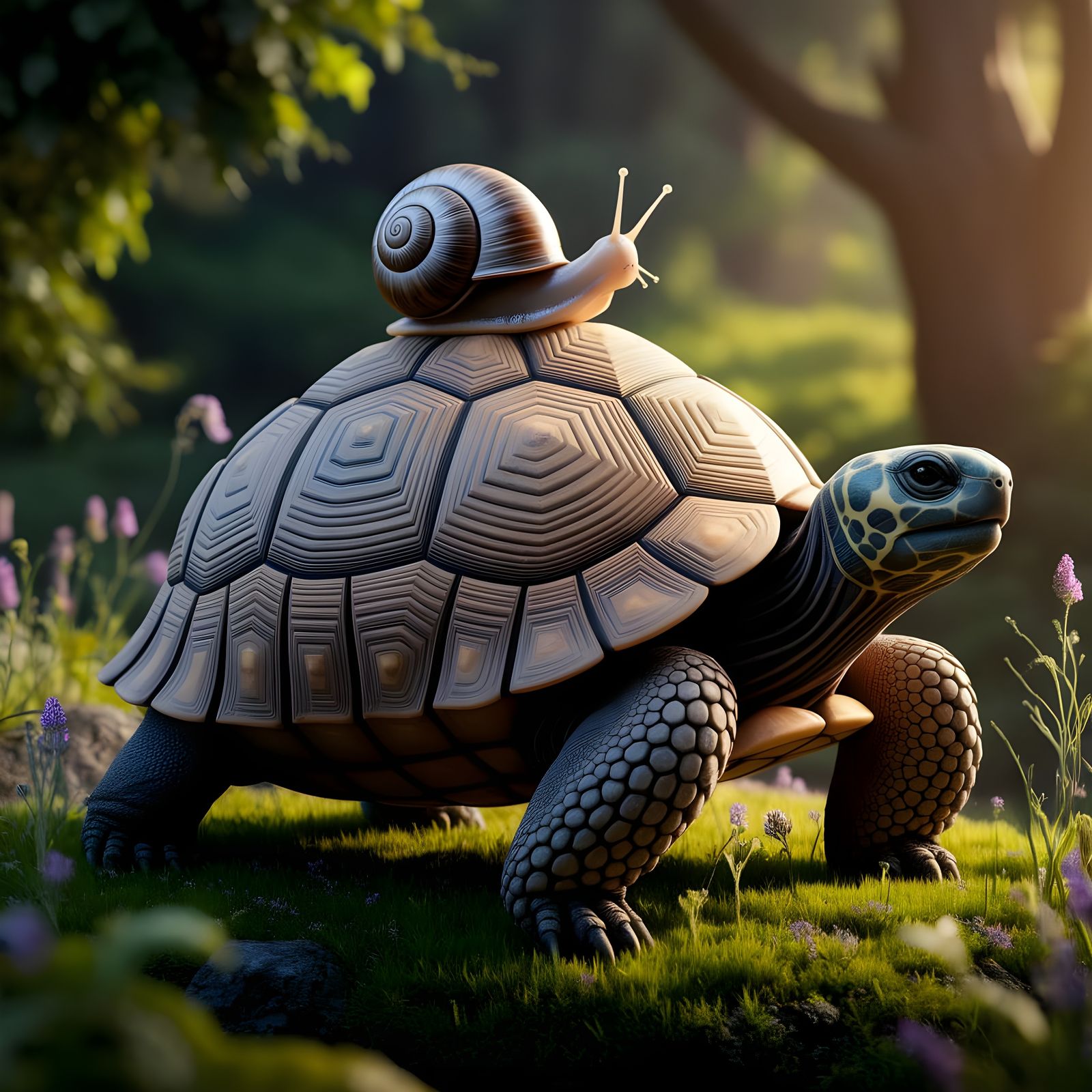 Tortoise Carries Delicate Snail Companion Across Lush Forest...