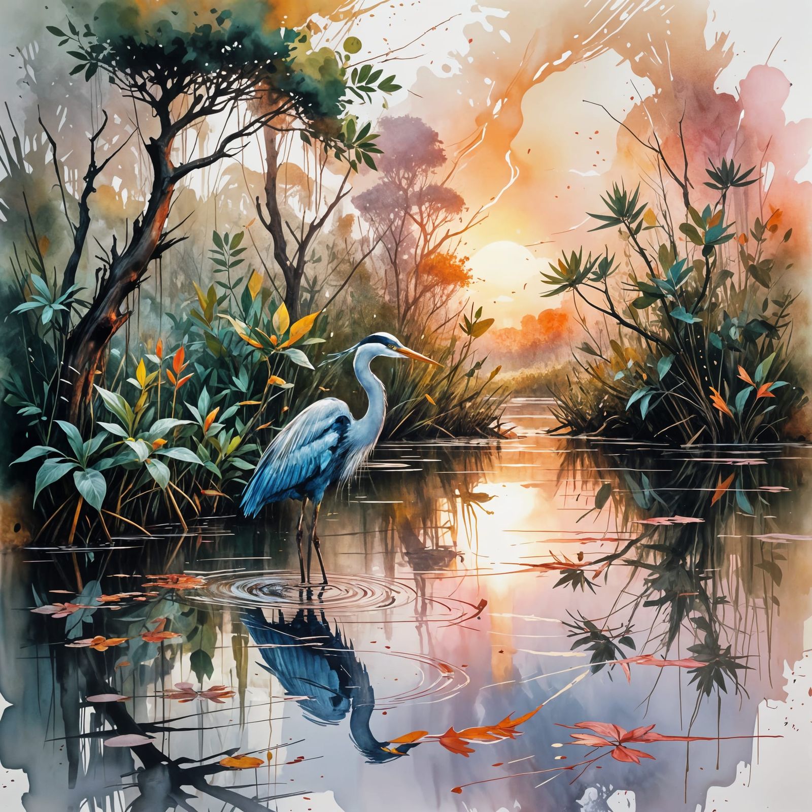 Heron in Marsh at Sunset in Impressionist Style