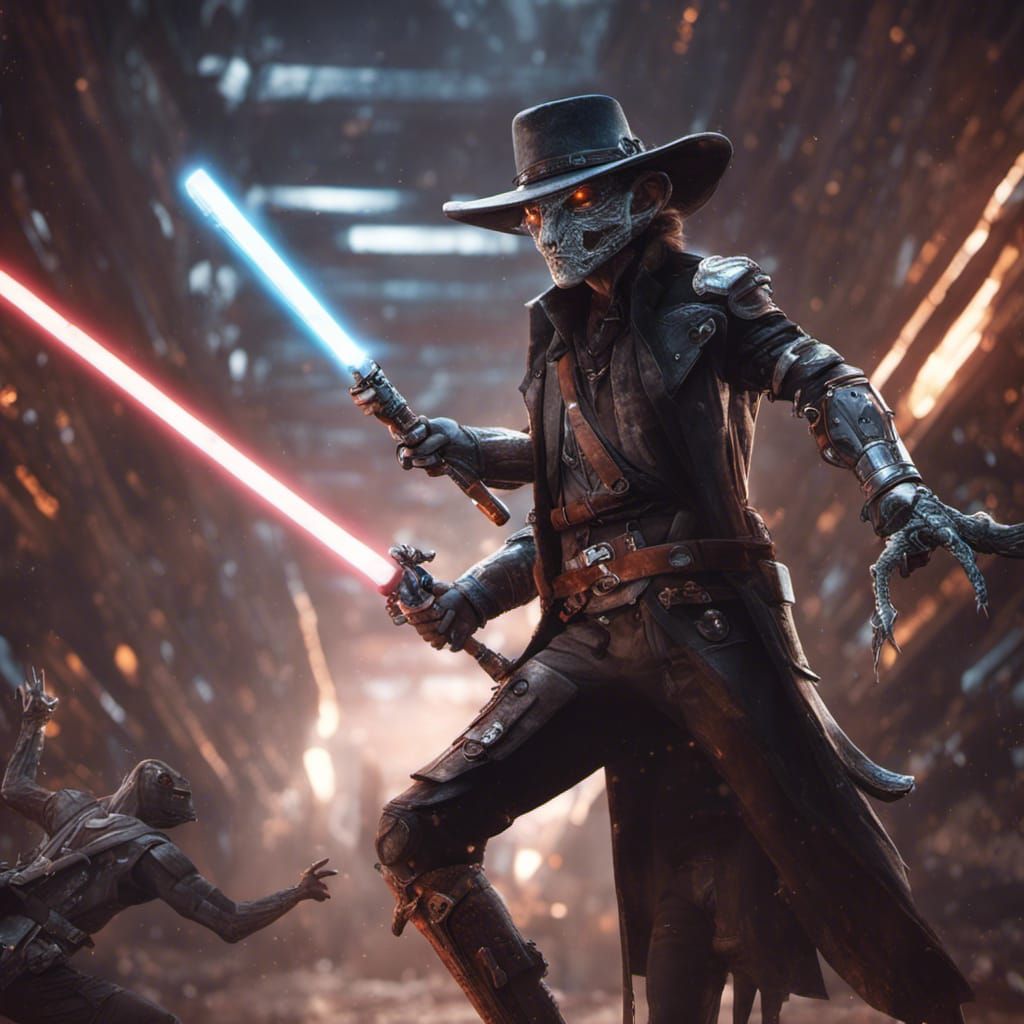 Space Cowboy Lightsaber Fight: Detailed Matte Painting