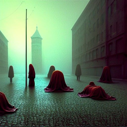 Beksiński-Inspired Rendering of People Seeking Warmth