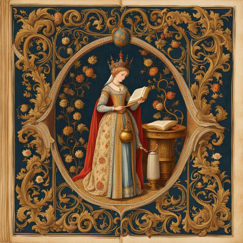 Illuminated Medieval Manuscript Page with Lady