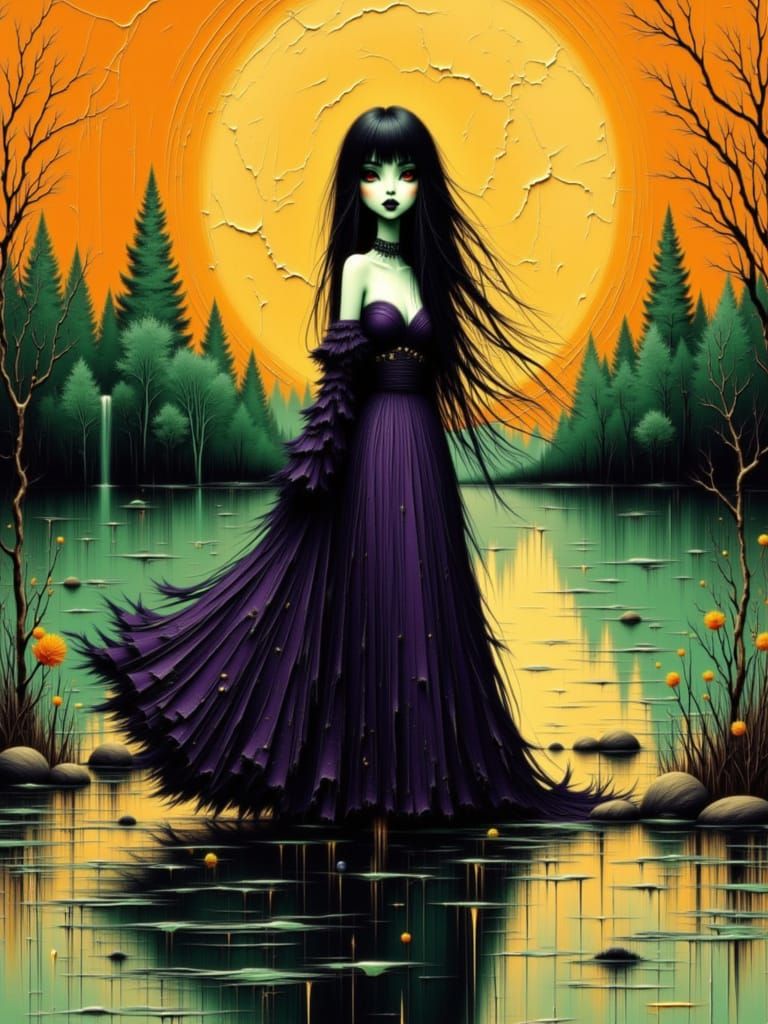 Manga Gothica Woman in Flowing Purple Dress Amidst Dreamlike...