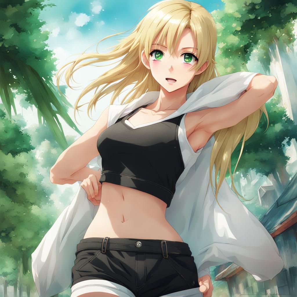 Anime Woman with Blonde Hair and Green Eyes