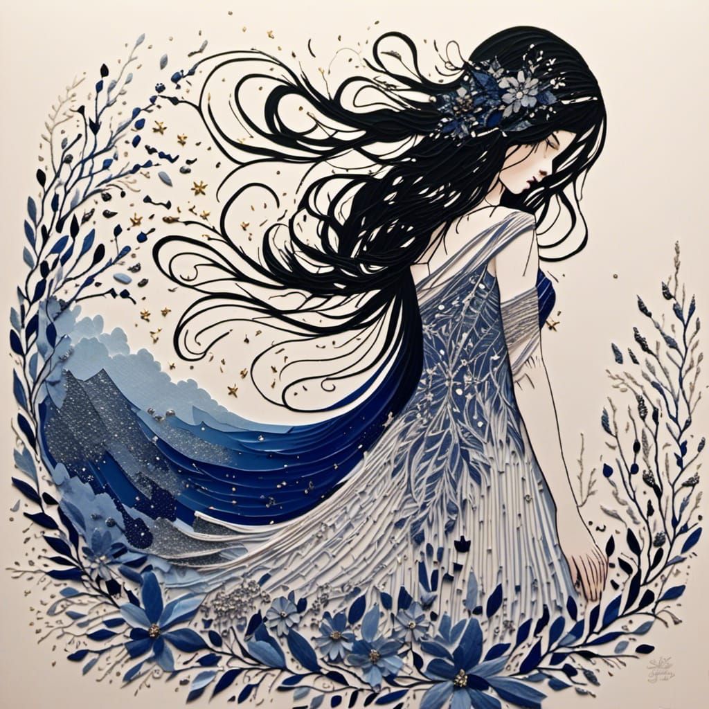 Woman in Dress with Floral Embroidery, Fantasy Art