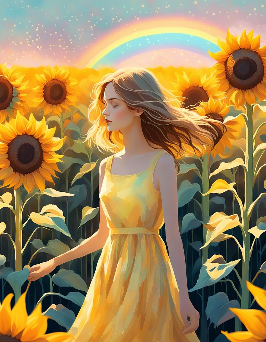 Girl in Sunflower Field: Whimsical Digital Illustration