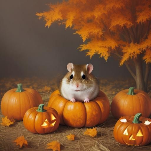 Whimsical Hamster on Pumpkin in Autumnal Colors
