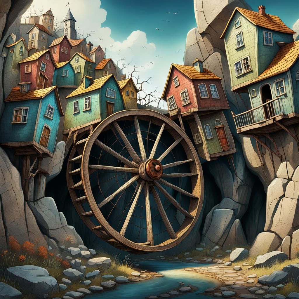 Surreal Houses Turn on Wheel Through Rock Crack