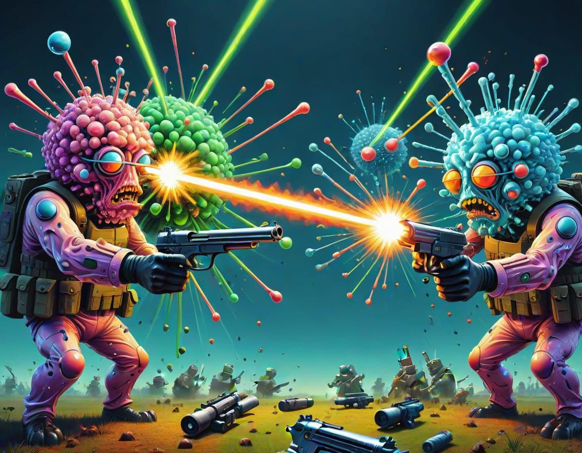 Surreal Microbe Battle: Guns, Lasers, and Grotesque Art