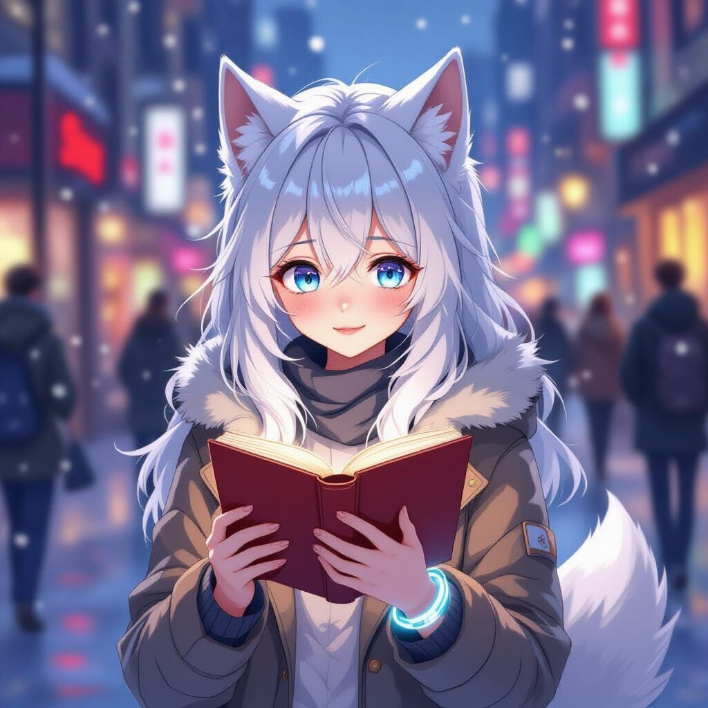 Werewolf Girl Reading in City, Anime Style
