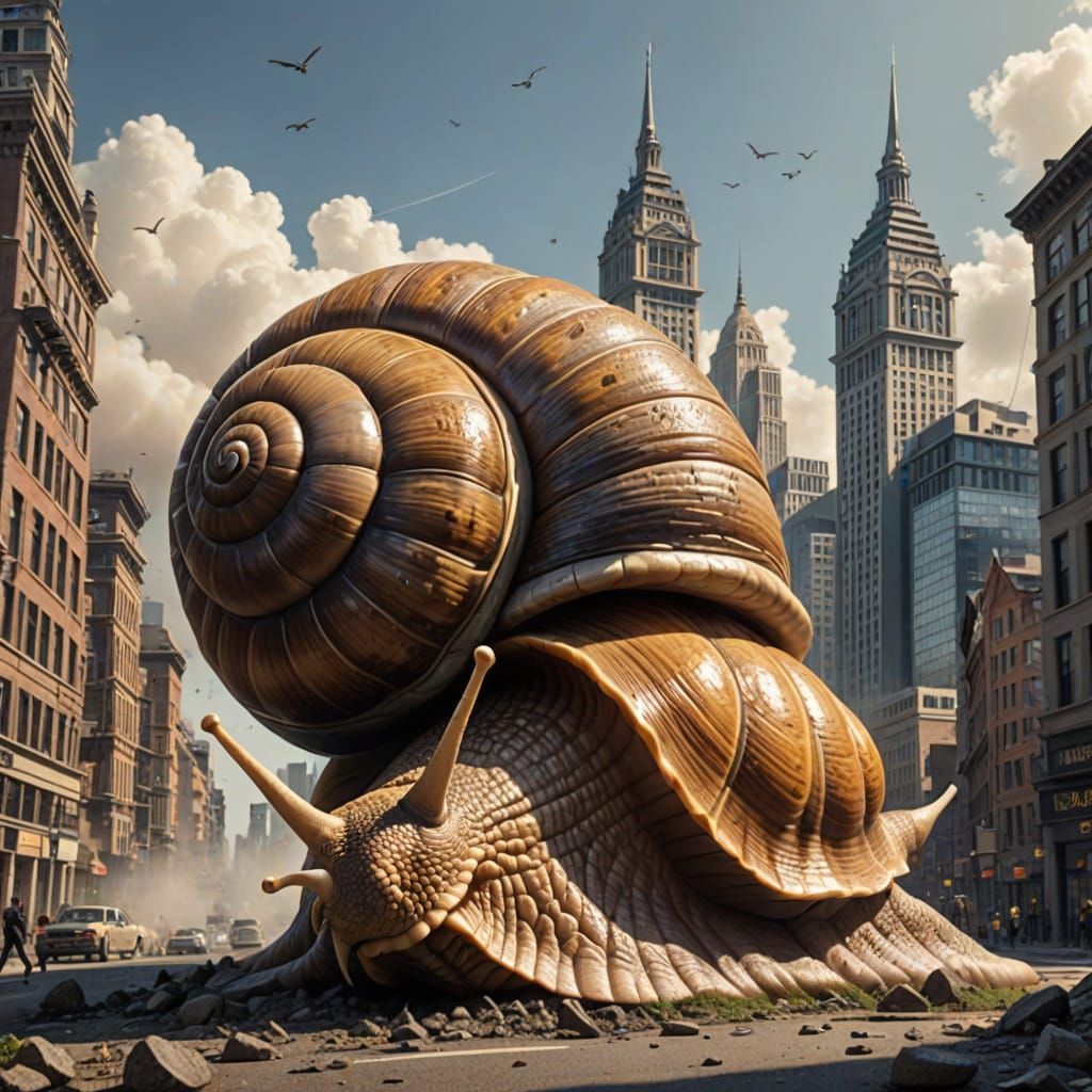 Giant Snail Obliterates Metropolis in Apocalyptic Landscape