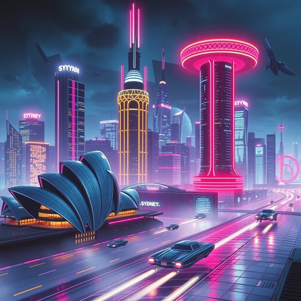 Futuristic Sydney Cityscape with Flying Cars and Neon Lights
