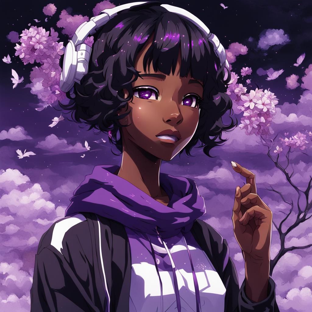Anime Style Portrait of Black Girl with Purple Hair