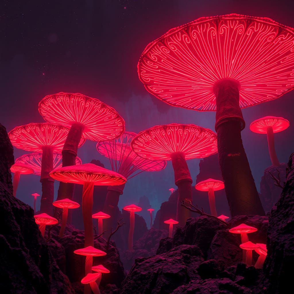Neon Mushroom Forest in Dark Fantasy Style