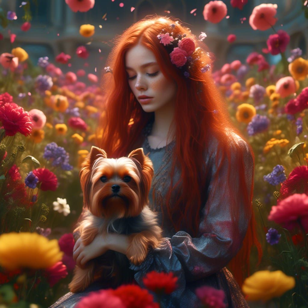 Woman with Yorkie in Monet-Style Flower Garden