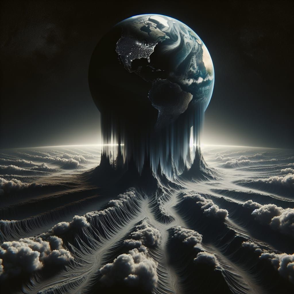 Surreal Earth Rising Above Dark Clouds in a Dramatic Gray La...