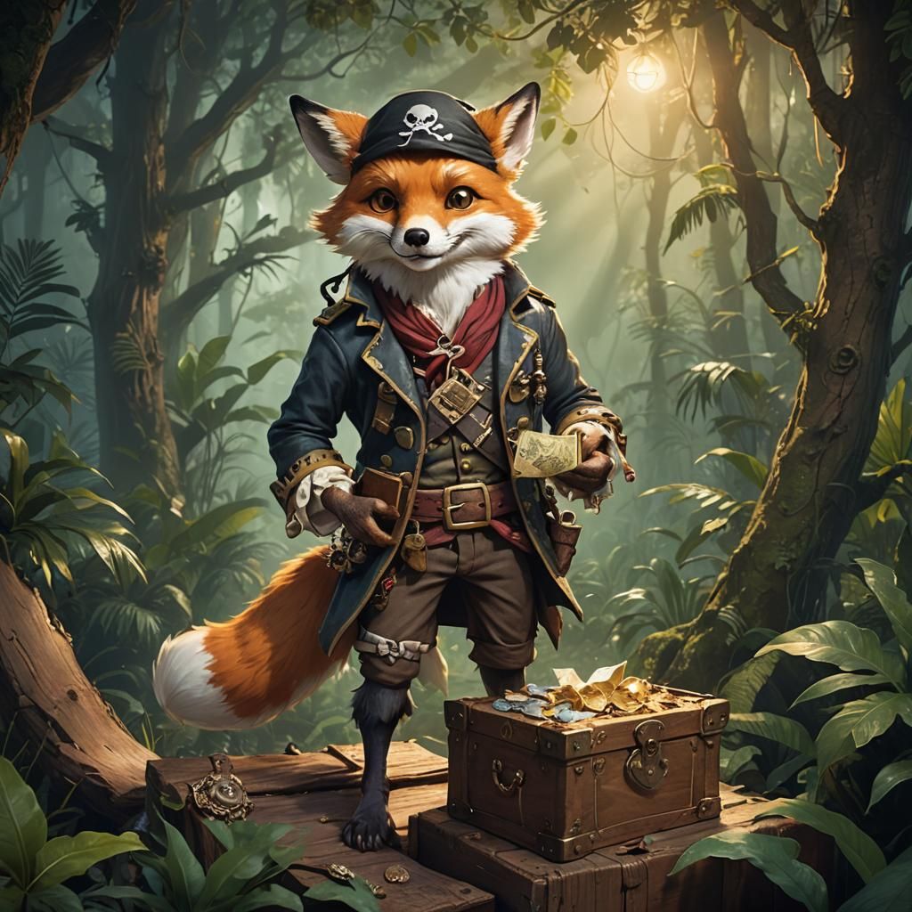 Pirate Fox Adventure in Misty Jungle, Whimsical Illustration