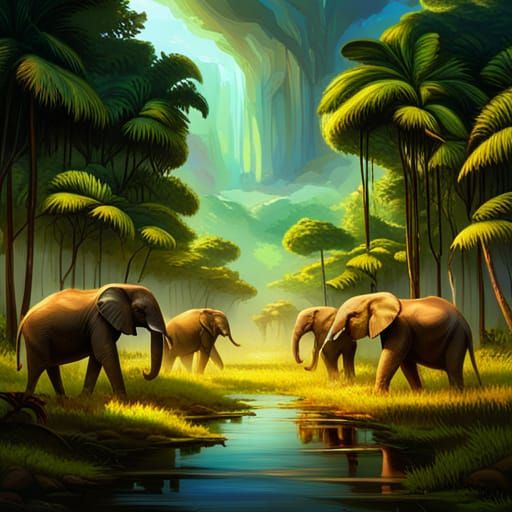 Elephants Marching Through Tropical Flood Prairie