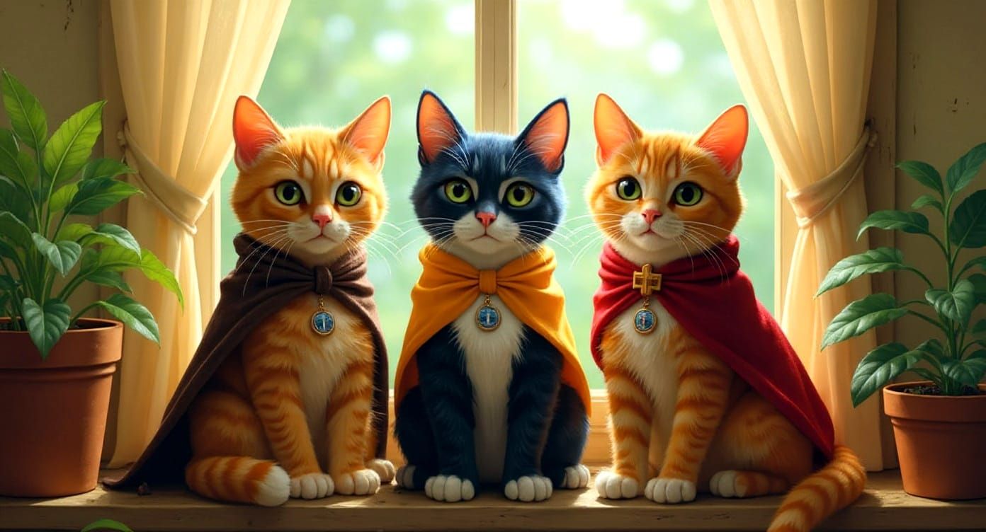 Heroic Cats in a Cozy Room as Oil Painting