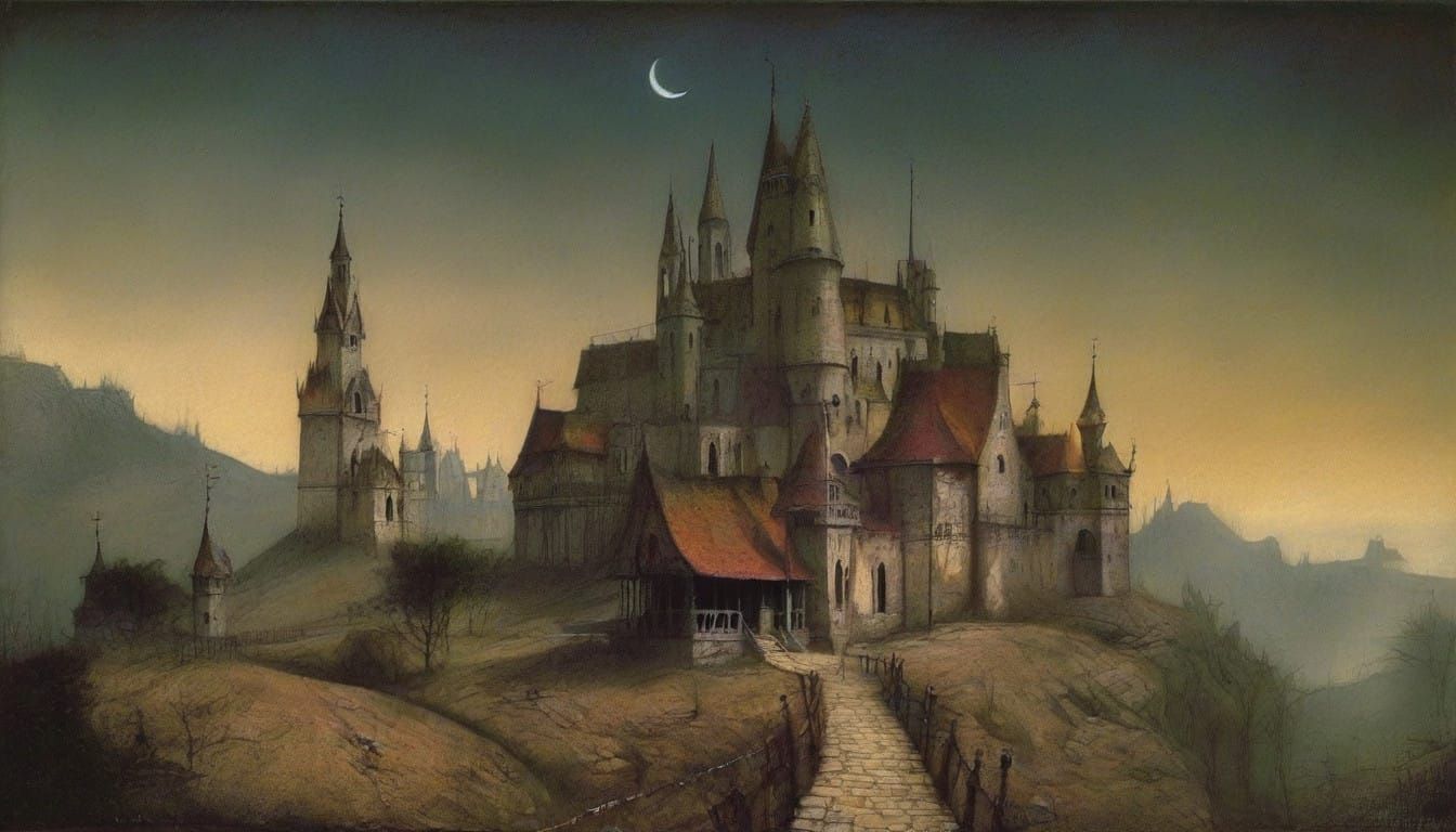 Medieval Village Under Starry Sky in Gothic Style