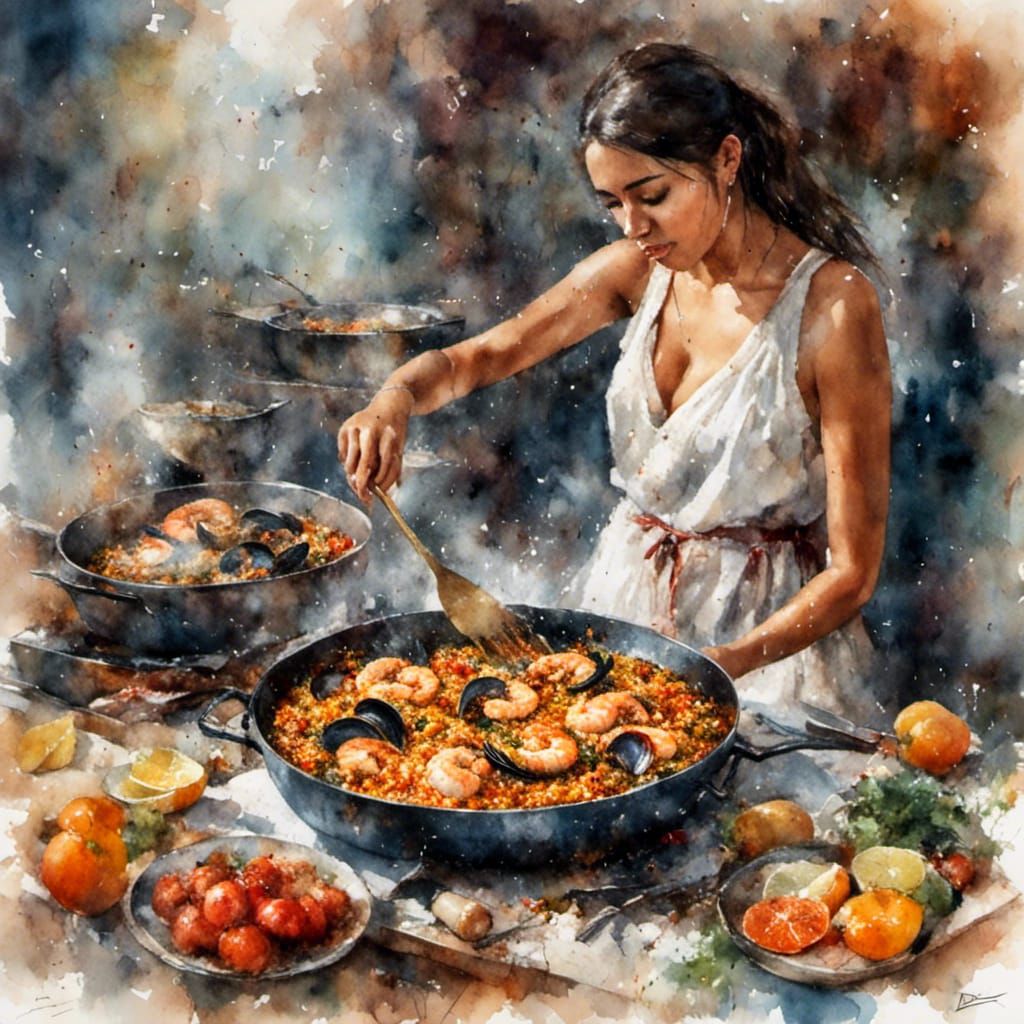 Latina Woman Cooking Seafood Paella Portrait