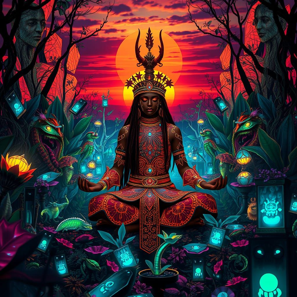 Mystical Shaman Meditating in Bioluminescent Fantasy Kingdom