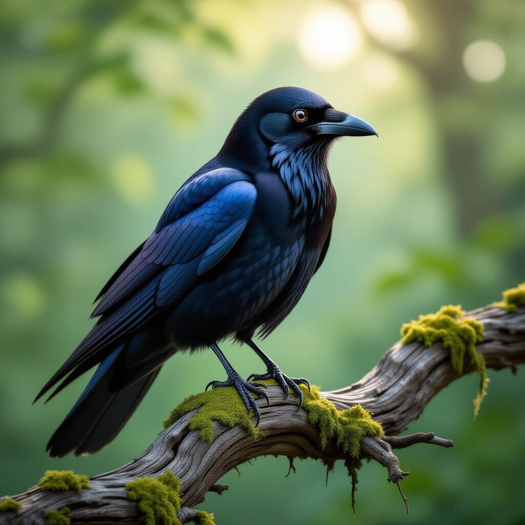 Realistic Crow Perched on Mossy Branch