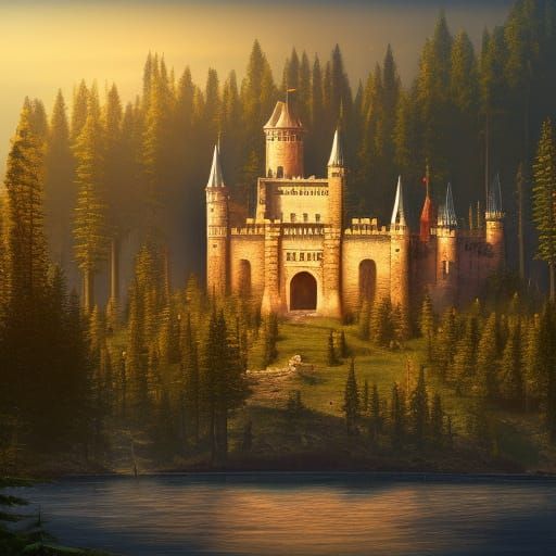 Gothic Castle Bastion Amidst Redwood Forest and Dark Lake