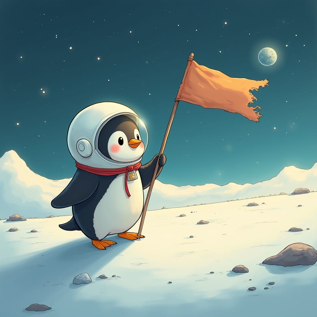 Penguin Astronaut on Pluto in Ghibli Style