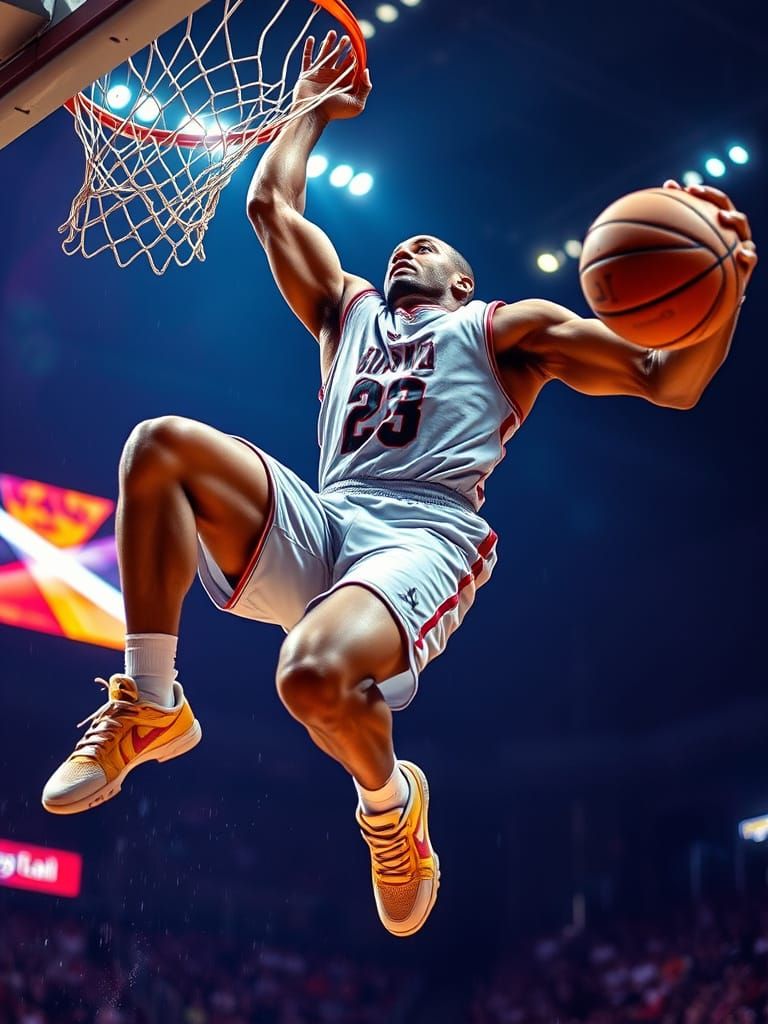 Athletic Basketball Player in Mid-Air Dunk with Electrifying...