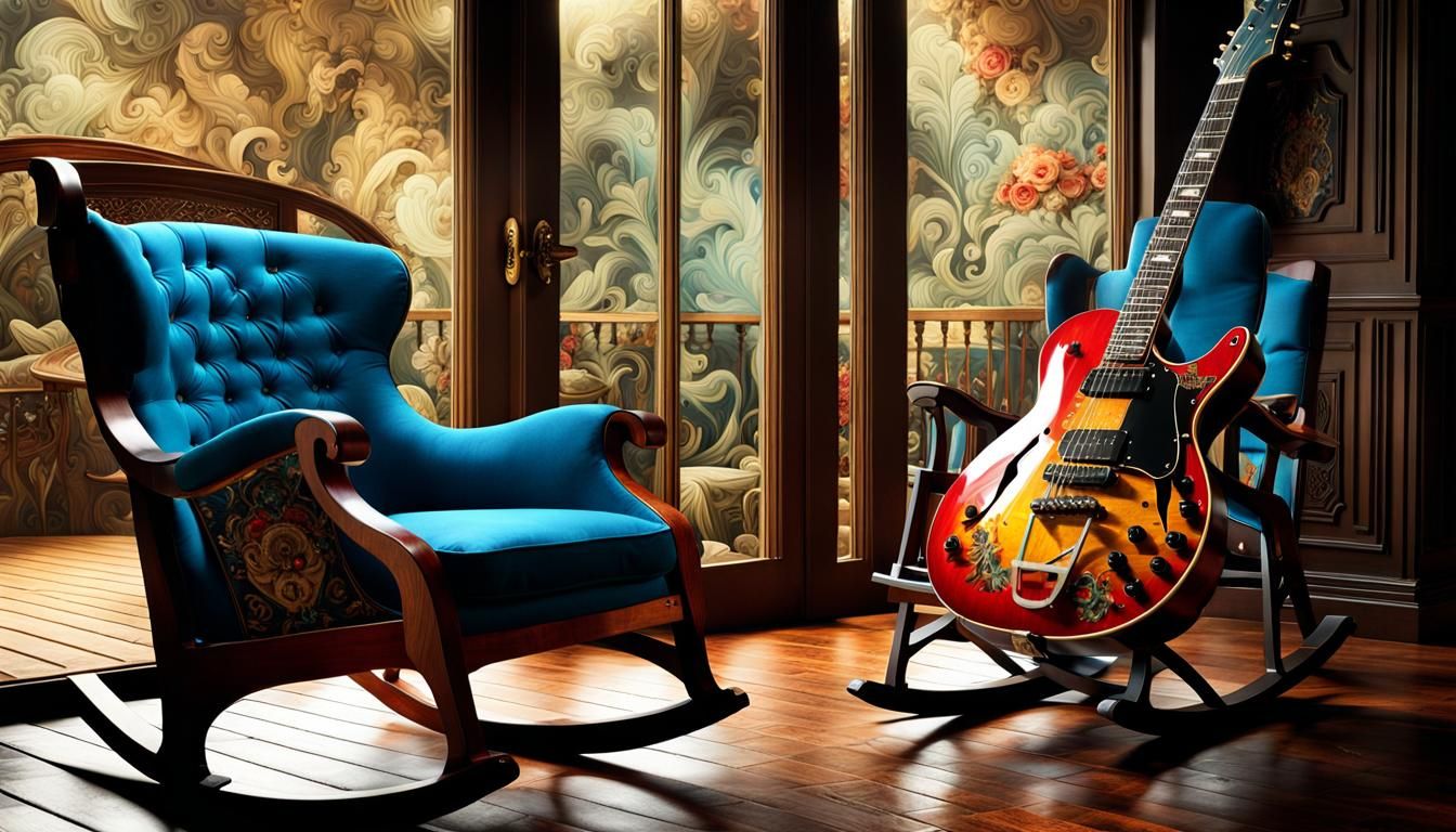 Electric Guitar on Rocking Chair, Graffiti Art Style