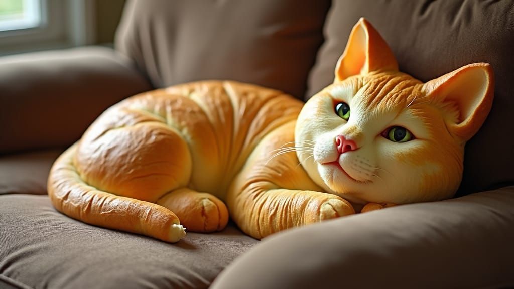 Bread Cat Lounging on a Couch