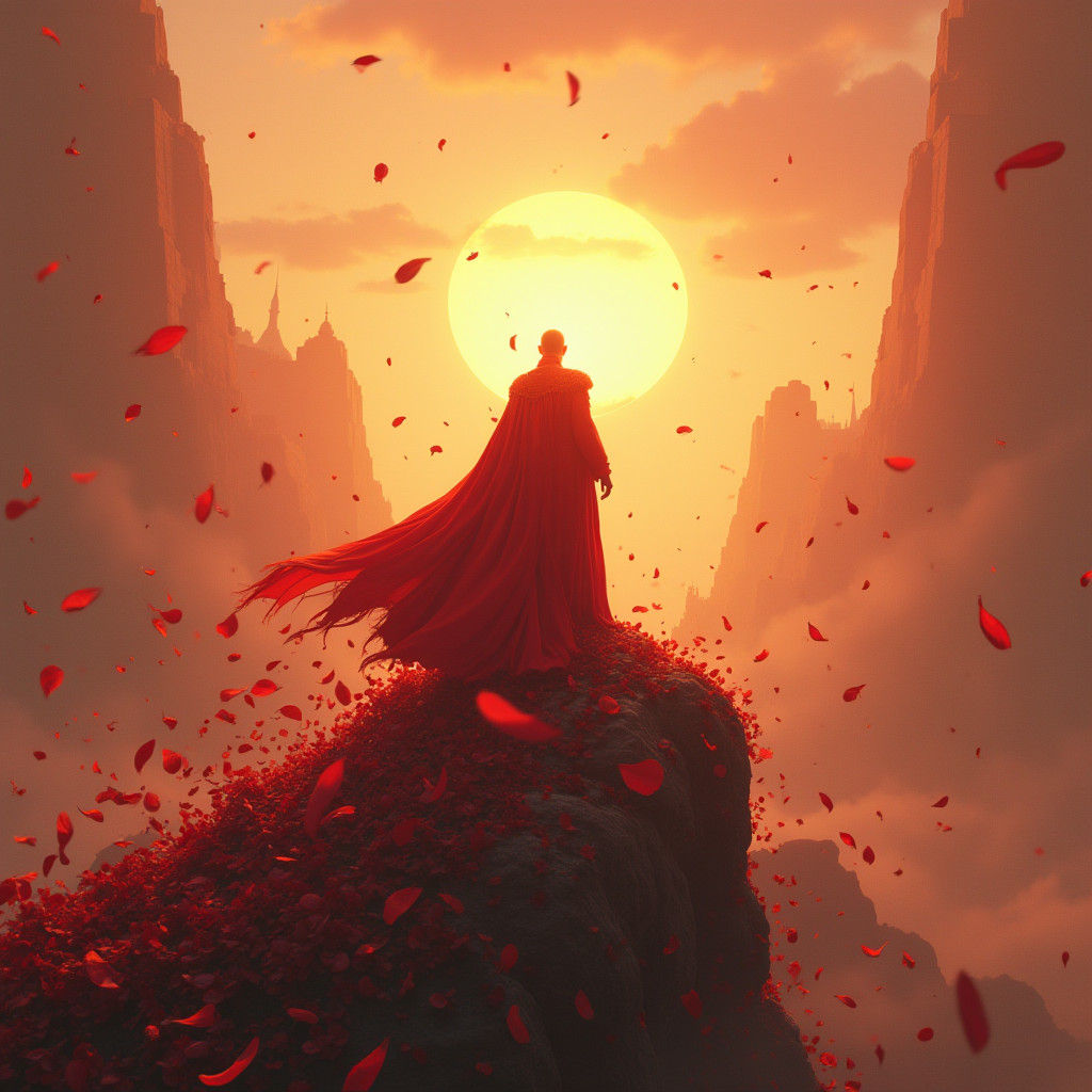 Majestic Figure Celebrates Victory in Epic Landscape