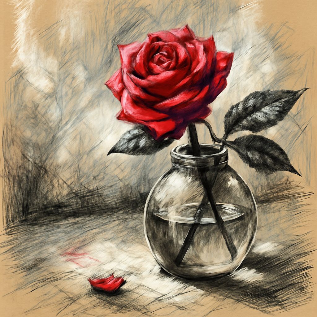Expressive Oil Painting of a Single Red Rose in a Glass Vase