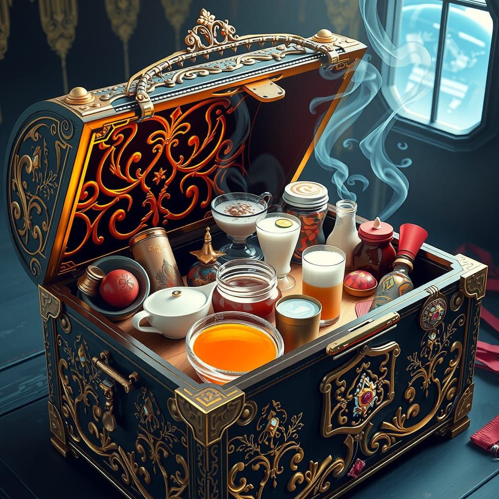 Ornate Chest of Infinite Hot Drinks in Futuristic Style