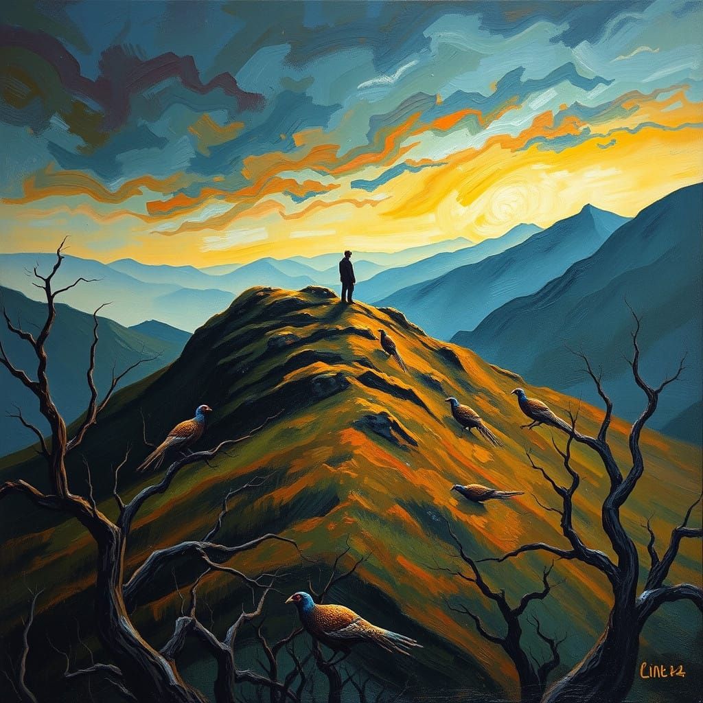 A lone figure stands on a rugged hill amidst vibrant pheasan...