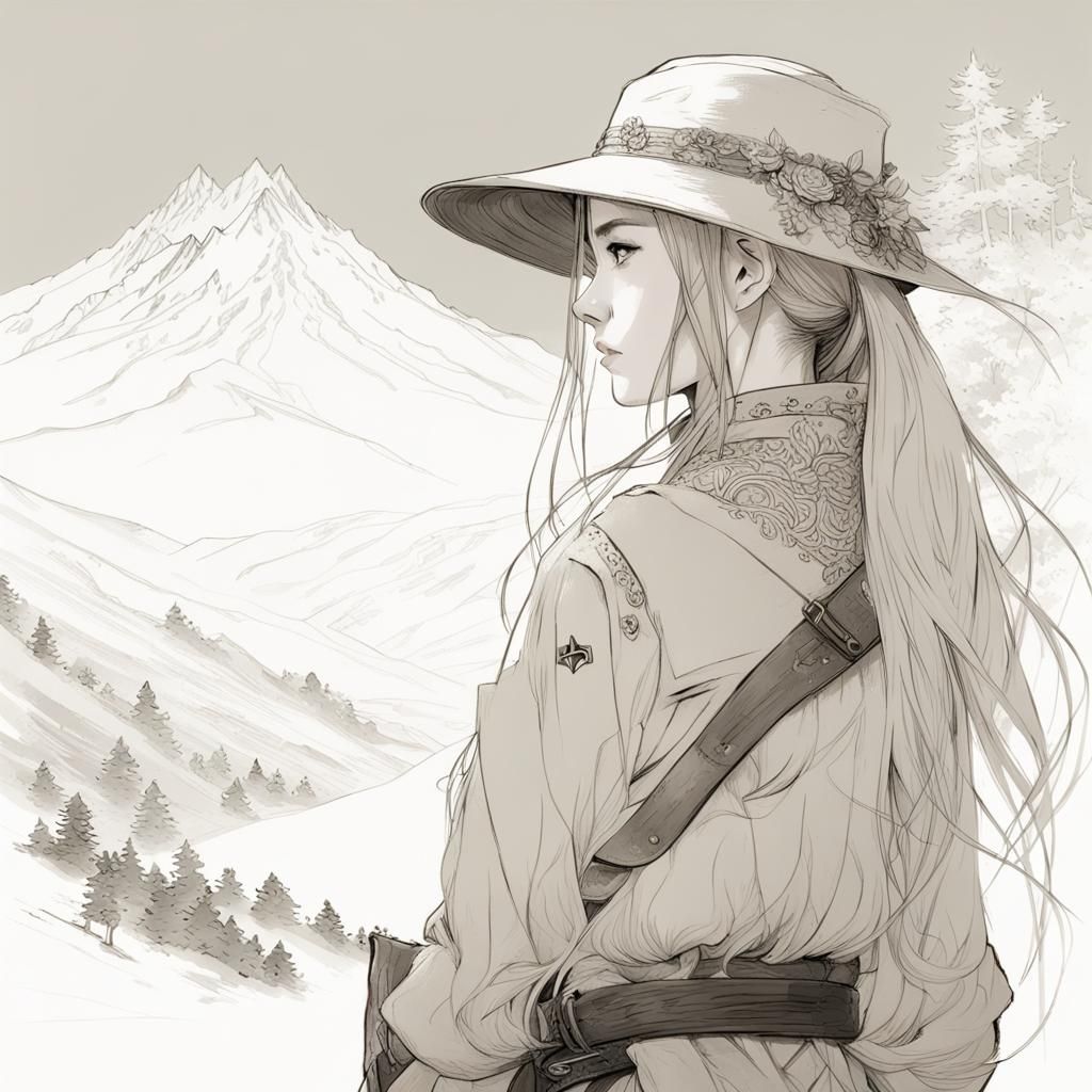 Ornate Pencil Sketch: Beautiful Female Ranger Portrait