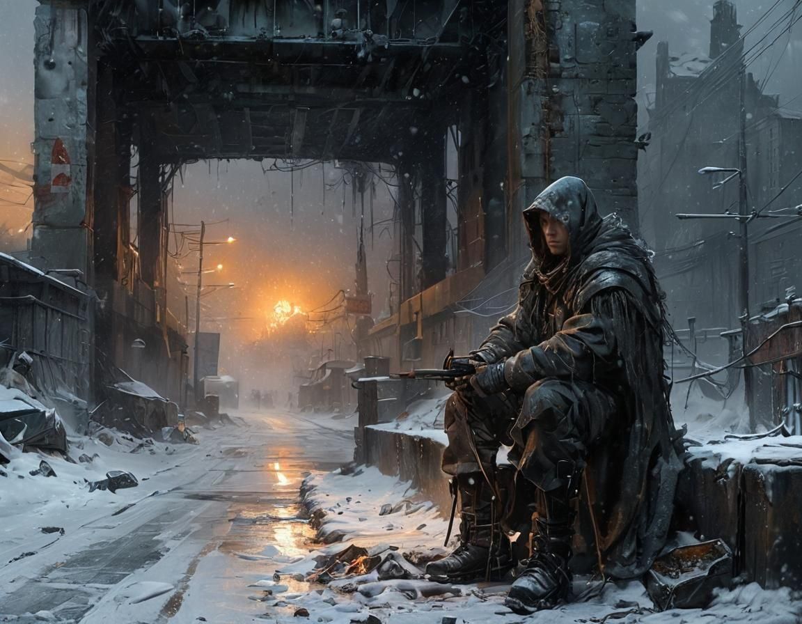 Apocalyptic Cityscape with Snowy Ruins and Flickering Fire