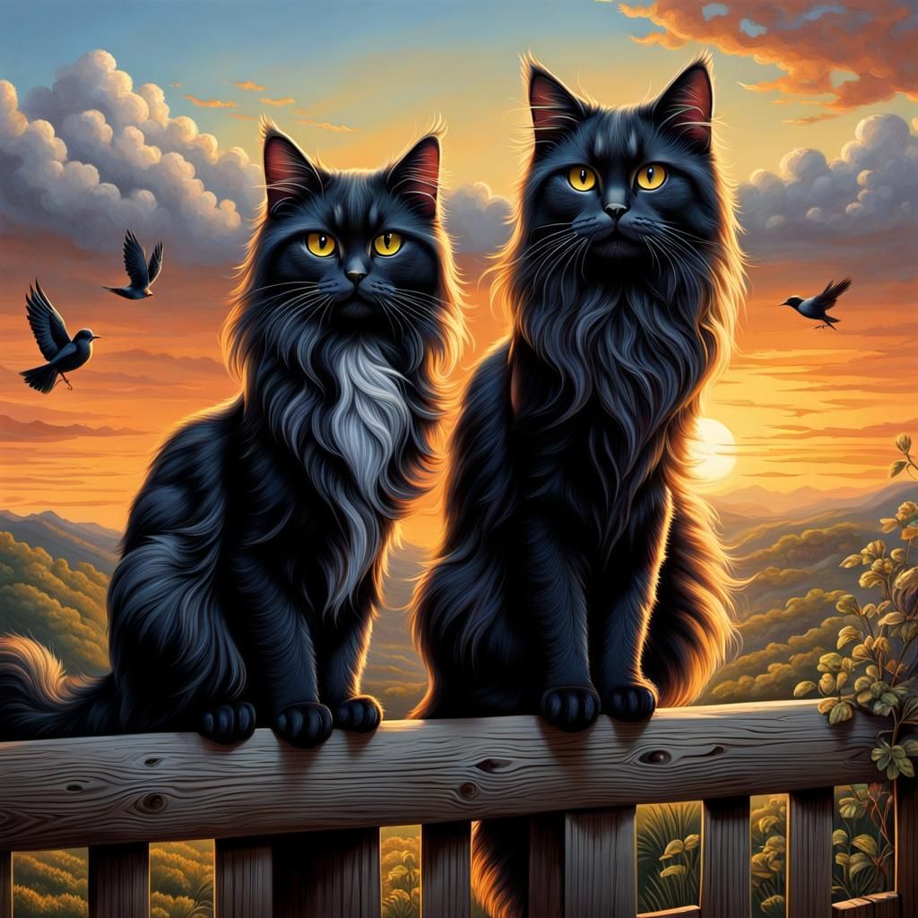 Cats Chase Bird at Sunrise in Dark Fantasy Style