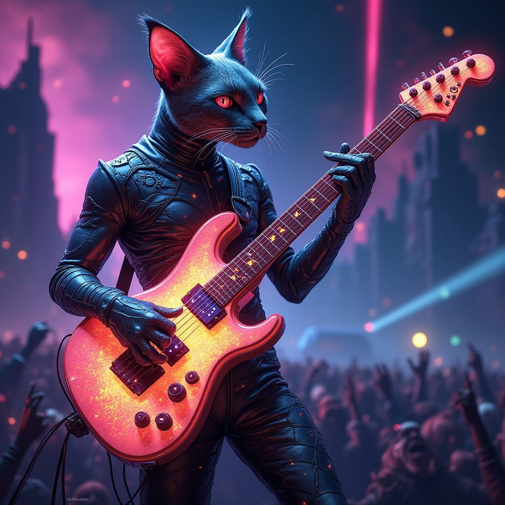 Bioluminescent Cat Shreds Starlight Guitar on Stage