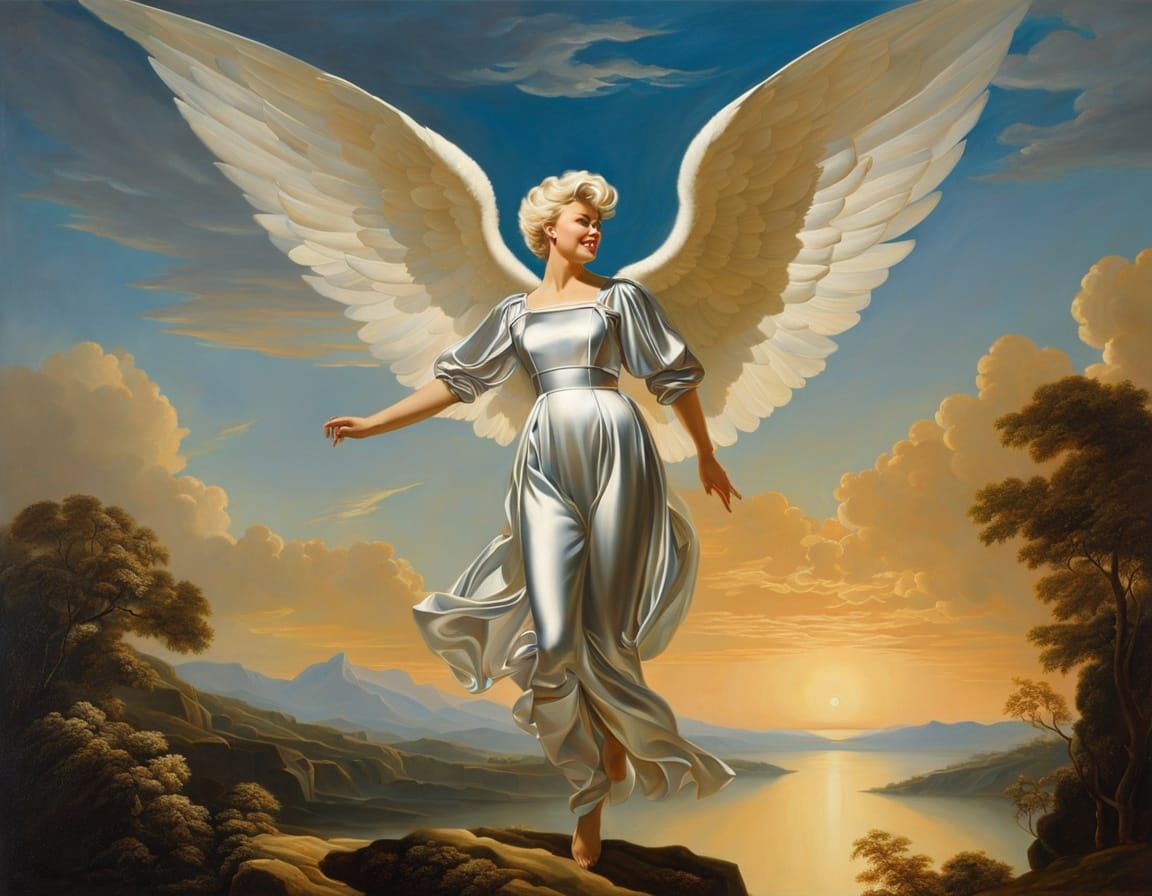 Angelic Figure in Spacesuit Soaring in Ethereal Sky