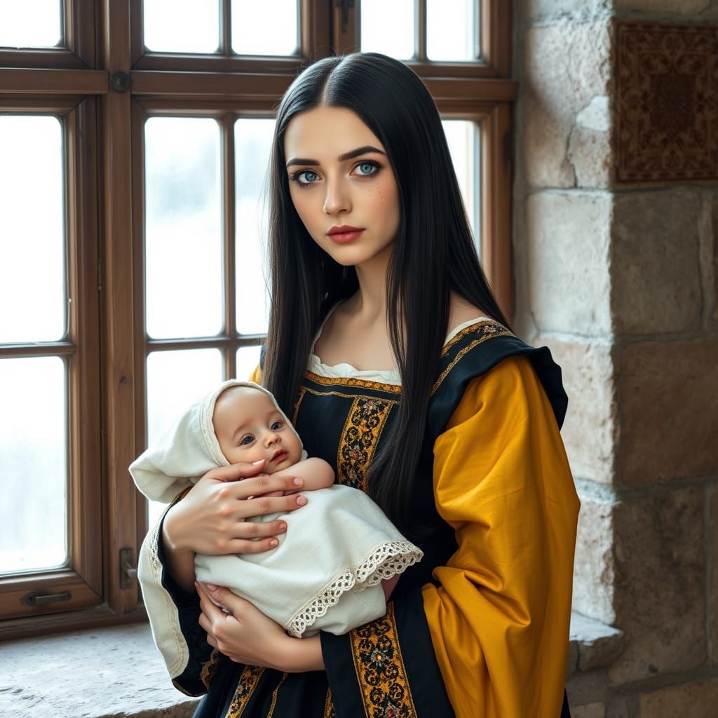 Medieval Queen in 16th Century Attire Holding Baby Daughter