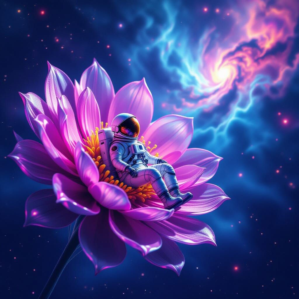Astronaut Adrift in Cosmic Void with Crystalline Flower Ship
