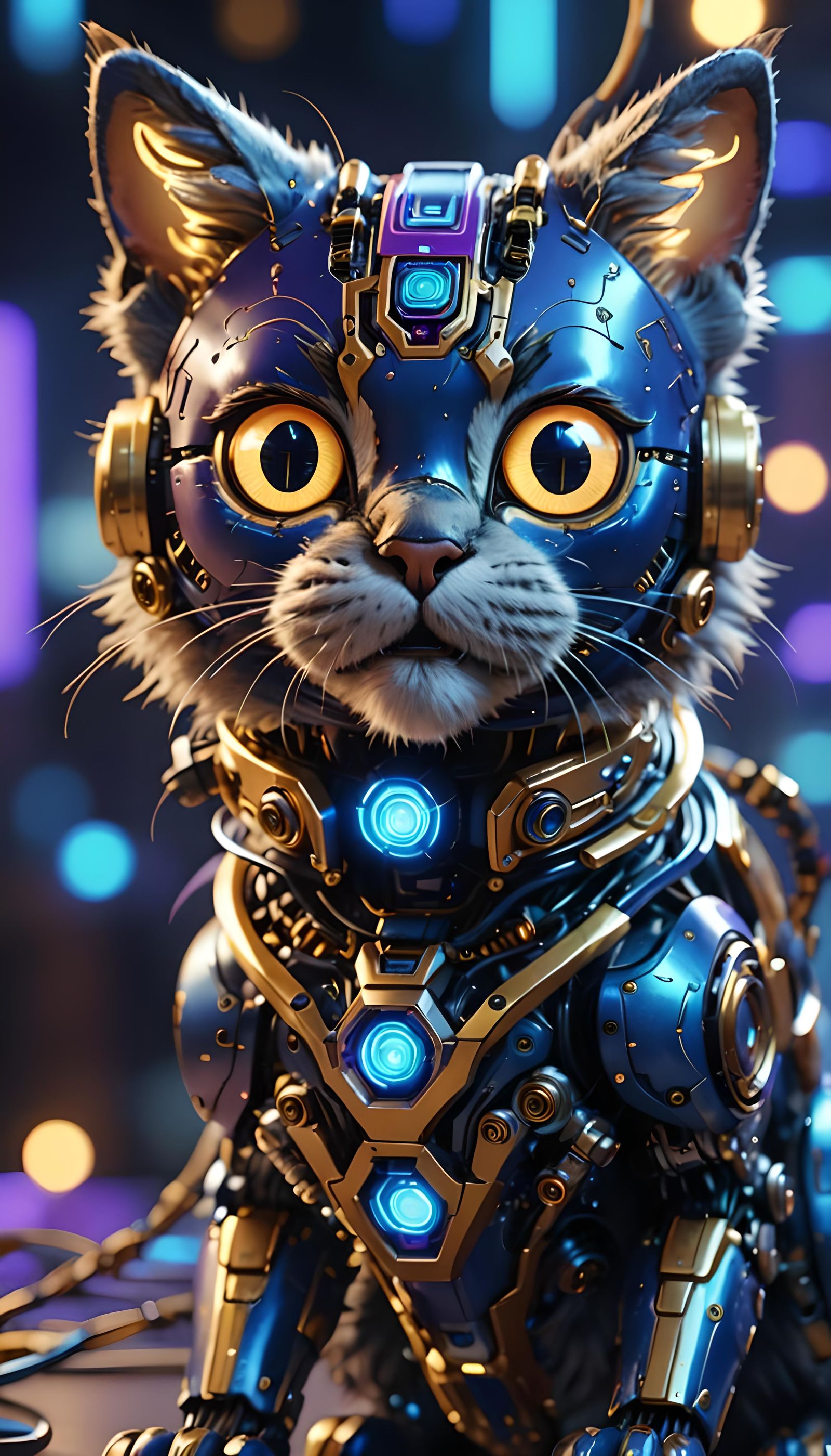 Shy Robot Cat in Technological Surroundings