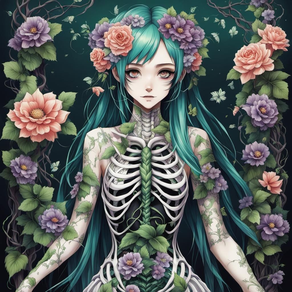Anime Girl in Floral Ribcage: Gothic Beauty