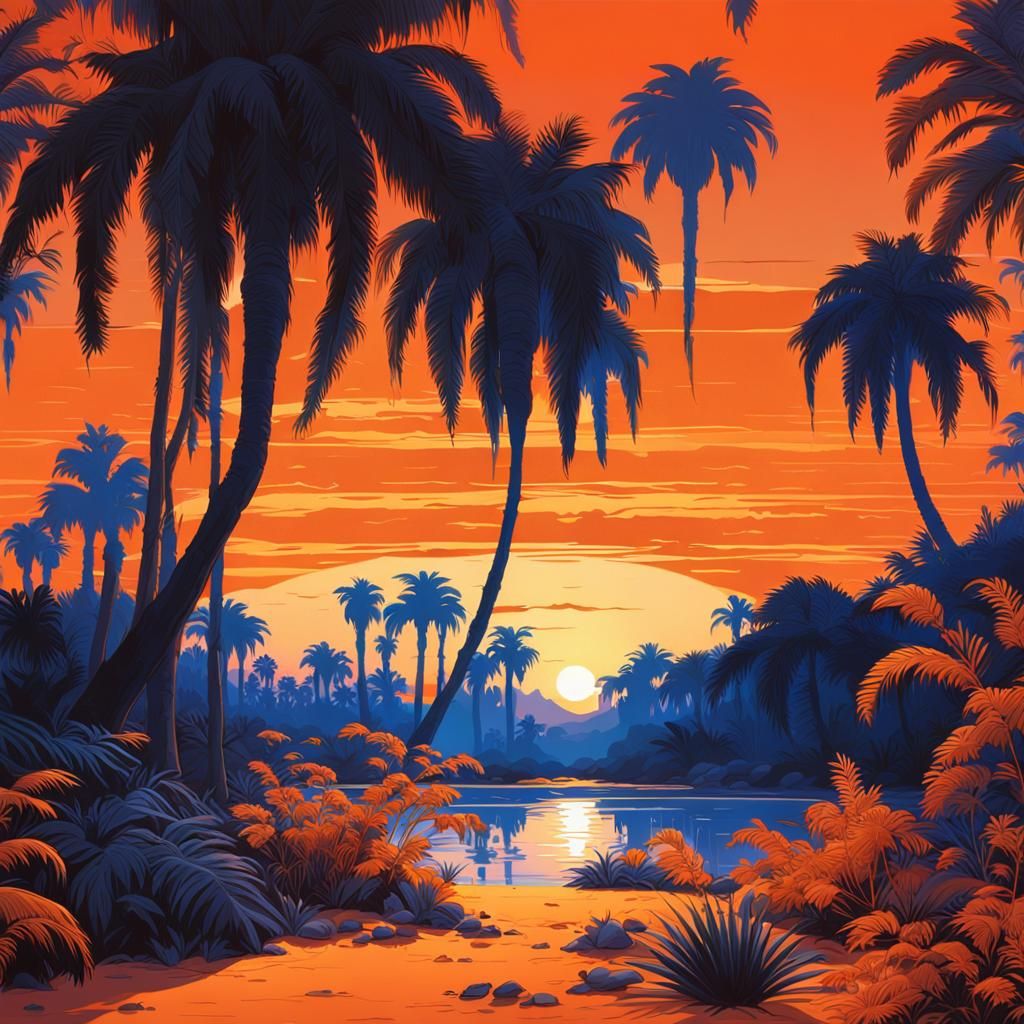 Desert Island Sunset in Style of Syd Mead