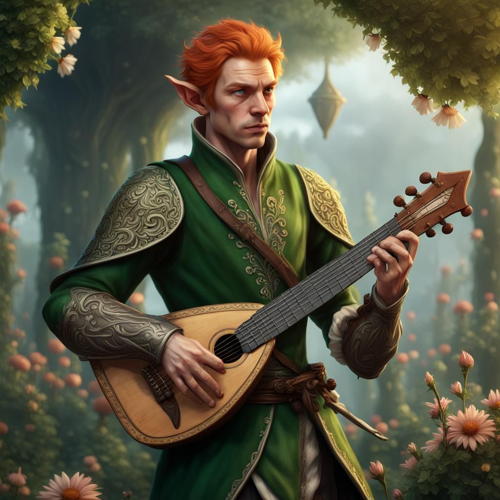 Elf Bard with Lute: Detailed Matte Painting