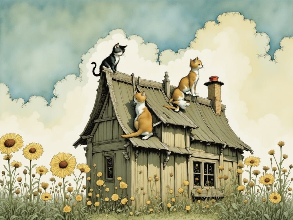 Kittens Scale Skyscraper Roof: Detailed Illustration