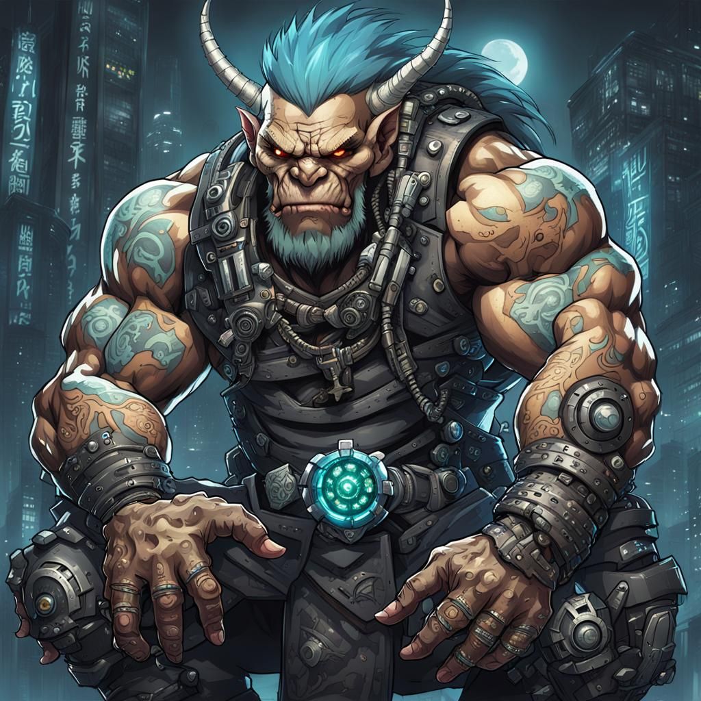 Cyberpunk Troll with Robotic Arm and Tribal Tattoos