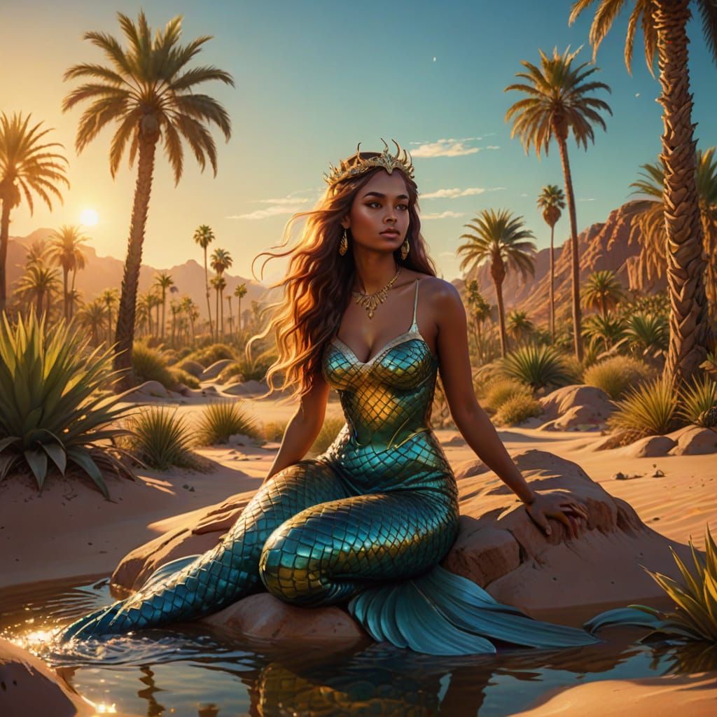 Mermaid Oasis: A Surreal Oil Painting in Desert