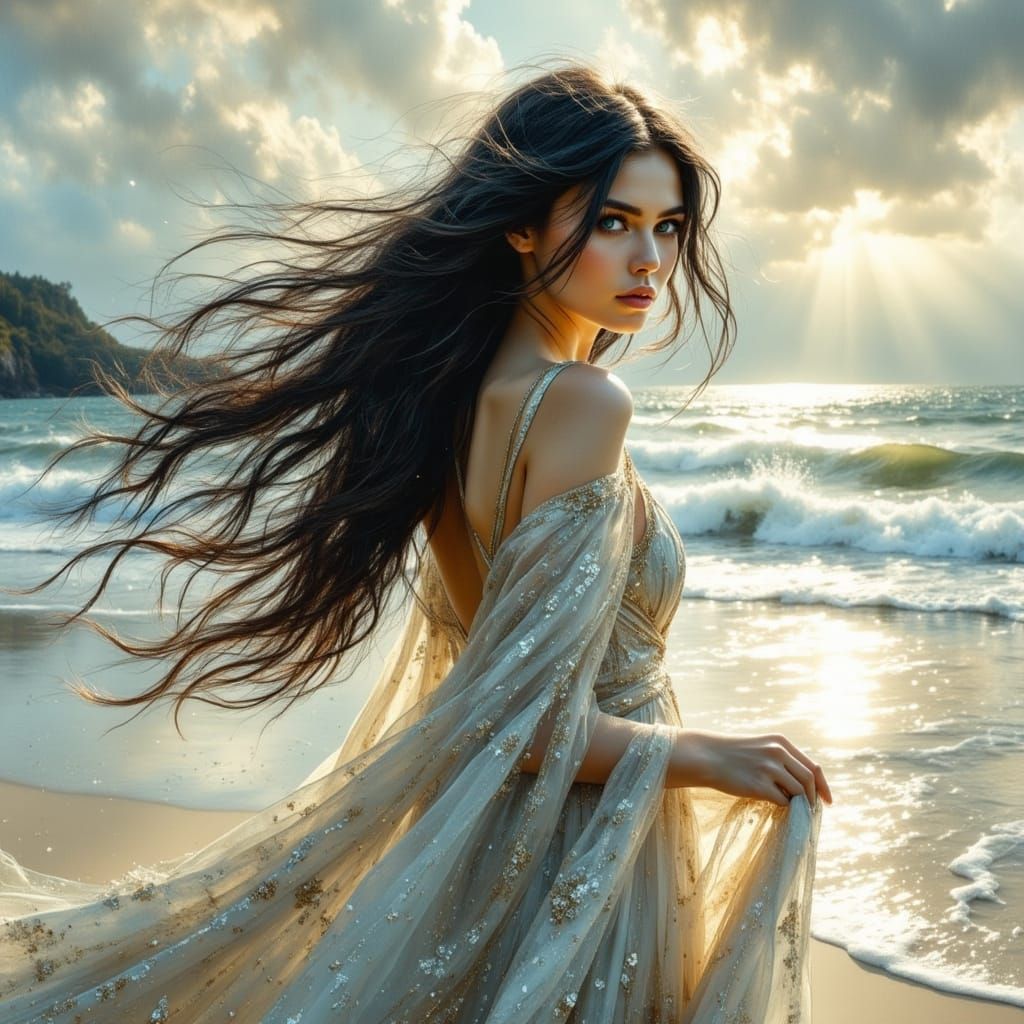 Norse Goddess on Beach in Ethereal Watercolor Style